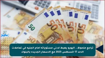 تراجع ملحوظ.. اليورو يهبط لأدنى مستوياته أمام الجنيه في تعاملات الأحد 17 أغسطس 2025 مع الأسعار الجديدة بالبنوك